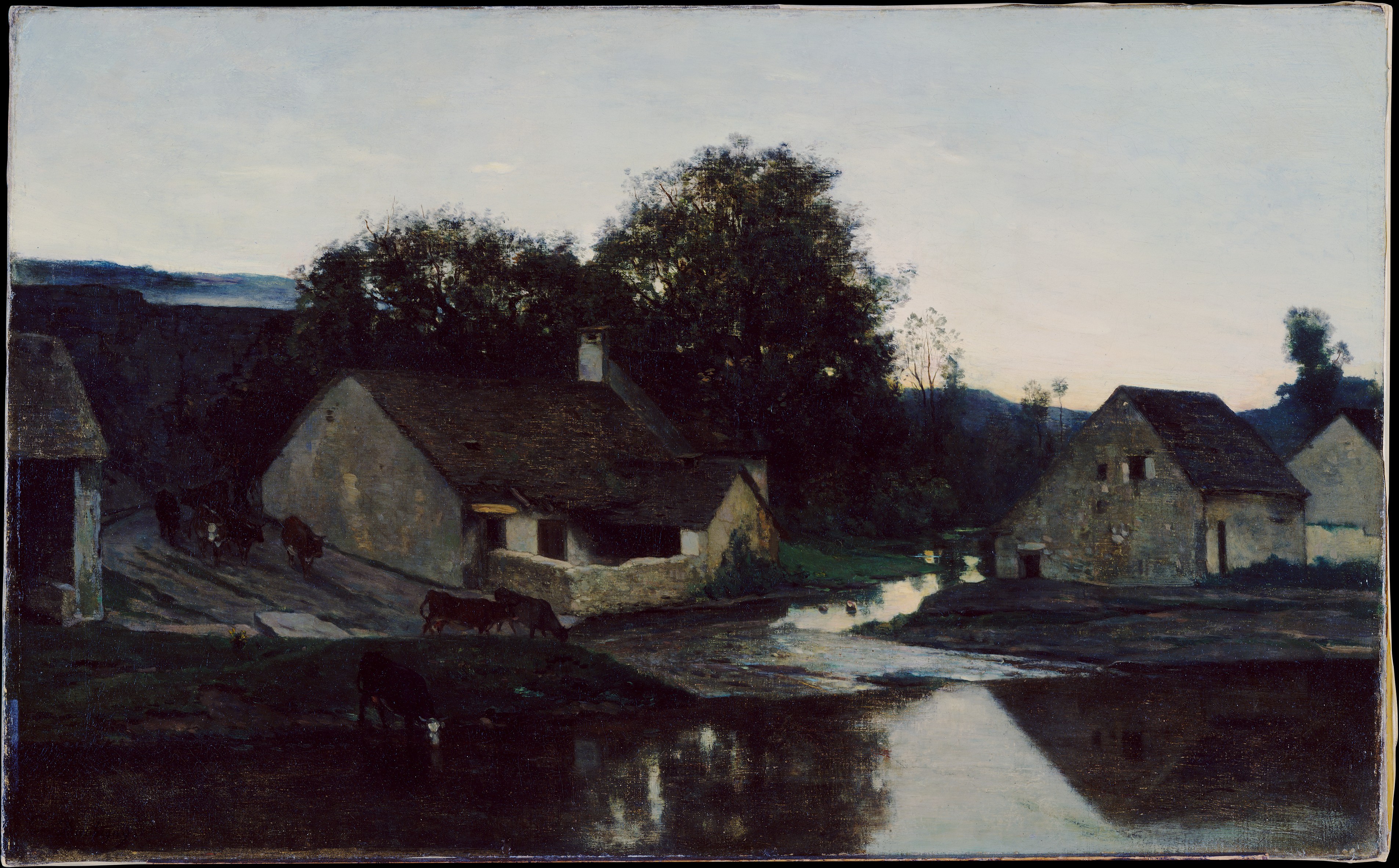 A quiet French rural hamlet at the edge of a still pond, with low stone cottages, a few villagers and animals, painted with broad, atmospheric brushwork.
